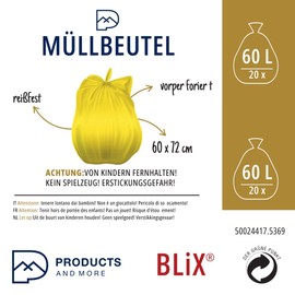 Yellow bin liners, 60 L, 20 x BLiX extra tear-resistant waste bags, 60 x 72 cm, 10µ thickness plastic, perfect for household, office and cleaning supplies