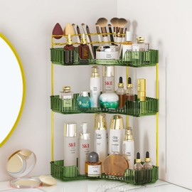 SUNZOS 3-Tier Corner Bathroom Counter Organizer, Bathroom Organizer Countertop with Makeup Brush Holder, Vanity Makeup Cosmetic Storage, Corner Storage Organizers for Dresser