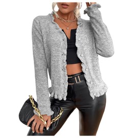 Verdusa Women's Ruffle Trim V Neck Button Down Long Sleeve Knit Cardigan Sweater Grey Small