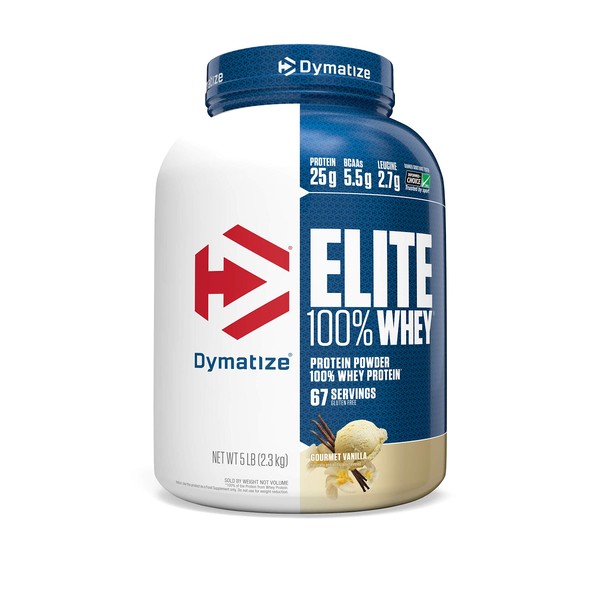 Dymatize Elite 100% Whey Protein Powder, 25g Protein, 5.5g BCAAs & 2.7g L-Leucine, Quick Absorbing & Fast Digesting for Optimal Muscle Recovery, Gourmet Vanilla, 5 Pound