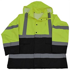 Petra Roc LBRJK-C3-2X Rain Parka Jacket ANSI/ISEA Class 3 Waterproof, Two Tone Lime/Black with Detachable Hood, Storm Flap & Zipper/Snap Closure, No Lining, 2X