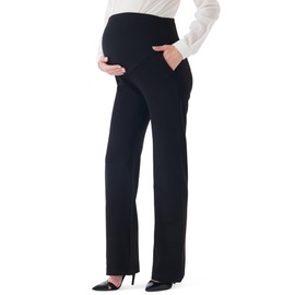 FIRST WAY Women's Maternity Dress Pants - Over The Belly Stretchy Pregnancy Bootcut Work Pants with Pockets 30" Inseam Black L
