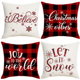 Artmag 20x20 Christmas Pillow Covers, Decorative Farmhouse Christmas Vibes Believe Buffalo Plaid Let it Snow Christmas Outdoor Pillow Shams Cases Slipcovers Set of 4 for Couch Sofa