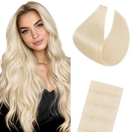 Human Hair Tape in Extensions-Double Stitched,SLEEKALON Free-cut Mini Tape ins Real Hair Extension Platinum Blonde Invisible Seamless Straight Double Side Tape Hair Extension-18 Inch,20pcs 50g,#60
