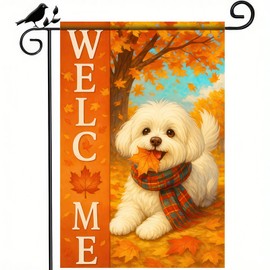 BlissYard Thanksgiving Fall Garden Flag 12x18 Inch Welcome Bichon Frise Dog Outdoor Flag Double Sided Autumn Puppy Yard Banner with Plaid Scarf and Leaves Decor for Porch Lawn Patio
