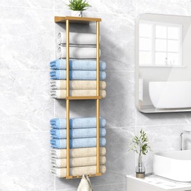 Liuoud Towel Rack for Bathroom, Wall Mounted Vertical Rolled Towel Storage Organizer Holder with Shelf, Holds Up 6 Large Bath Sheets, Gold