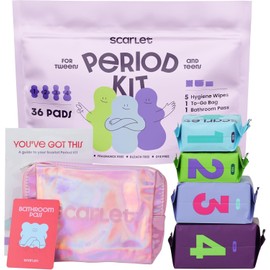 Scarlet By RedDrop Tween Period Kit for Girls 9–12 (45 Pcs) | 36 Pads with Wings (Light, Moderate, Heavy, Max), 5 Wipes, PU Bag, Education Booklet, Bathroom Pass & Sticker Sheet