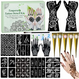 Temporary Tattoos Kit, Large 10 Sheets Temporary Tattoo Stencil Kit,95 Unique Tattoo Designs,5 Pcs 3 Color(black*2,brown*2 & Red*1) Ink with Paint Brush DIY Body Art Painting for Women Men Kids