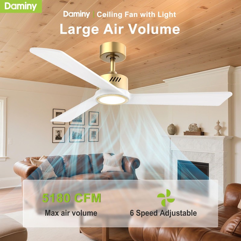 DAMINY Natural Solid Wood White and Gold 52 inch Ceiling