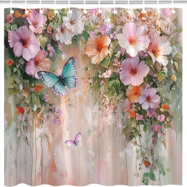 Watercolor Flower Butterfly Shower Curtain Spring Purple Lavender Weeping Orange Wisteria Blossom Vine Leaves on Blurred Background Girl Woman Bathroom Decor Fabric Curtain with Hooks 70 x 70 inches