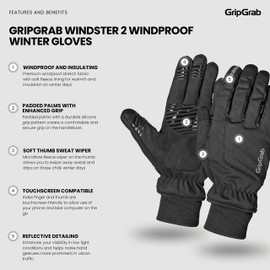 GripGrab Windster 2 Windproof Winter Cycling Gloves Padded Thermal Fleece Lined Road MTB Gravel Bike Bicycle Glove