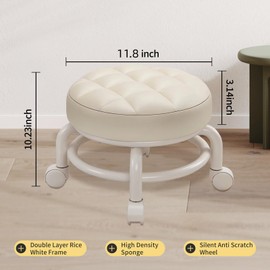 HPONQIONE Round Rolling Low Stool- PU Leather Low Stool 360° More Comfortable Swivel with Thickened Sponge Cushion for Nail Salon, Pedicure, SPA and Home (White)