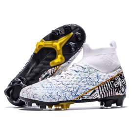 curunect Boys Girls Soccer Cleats Lightweight High-top Training Football Shoes for Youth Non-Slip Kids Soccer Futsal Shoes, Tacos de Futbol para niños, White/Gold/Black, Big Kid 5