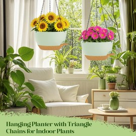 zople 10 Inch Hanging Planters with Chains 2 Pack Self Watering Green Brown Plastic Hanging Pots for Indoor Outdoor Plants, Garden Porch Home Decor (Green Brown)