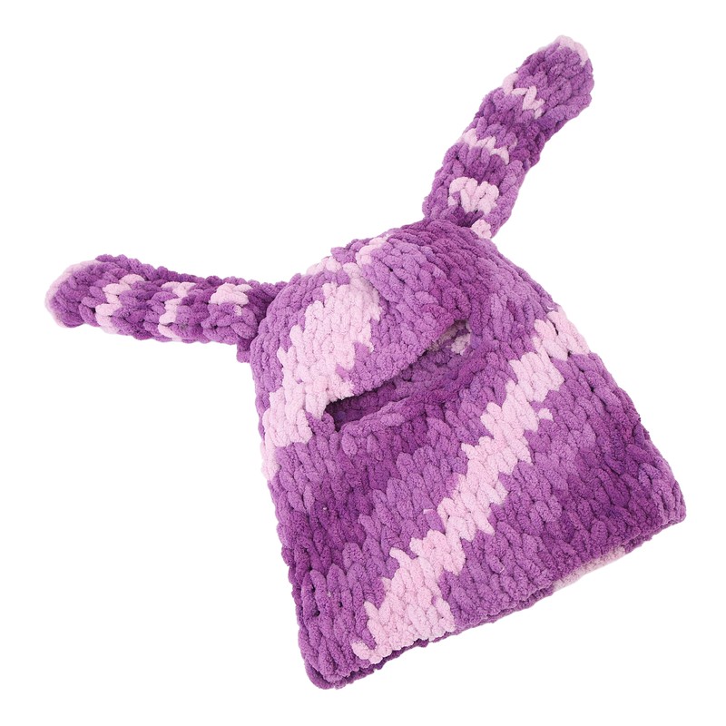 Bunny Ear Knitted Hat Purple Warm Windproof Thicken Stretchy Stylish