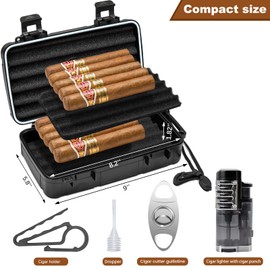 Flauno Travel Cigar Humidor Case - Portable Humidor Kit with Lighter (Without Gas), Cutter, Holder, Humidifier & Dropper, Waterproof, Crushproof, Airtight Seal (Holds up to 10 Cigars)