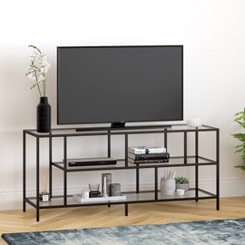 Henn&Hart Rectangular TV Stand with Glass Shelves for TV's up to 60" in Blackened Bronze, TV Stands for the Living Room