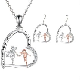 Sister Forever Heart Necklace with Earrings Set, Silver-Tone with Clear Crystals, Standard, Sterling Silver Cubic Zirconia, Cubic Zirconia