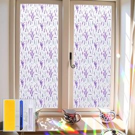 LIIJII Stained Glass Window Privacy Film, Removable Static Cling Purple Lavender Floral Frosted Film Decorative UV Resistant, Window Clings Privacy Film for Bathroom Glass Windows 17.52" x 78.74"