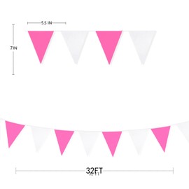 32Ft Hot Pink White Fabric Bunting Banner Triangle Flag Party Decorations Pennant Garland for Birthday Bachelorette Engagement Wedding Baby Bridal Shower Anniversary Holiday Home Kids Room Nursery