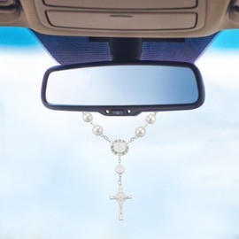 SINGARO Rearview Mirror Hanging Decor - Pearl & Cross Car Charm, Religious Rosary Pendant with Glittering Beads, Faith-Inspired Auto Accessories for Women & Men, Car Interior Accessories