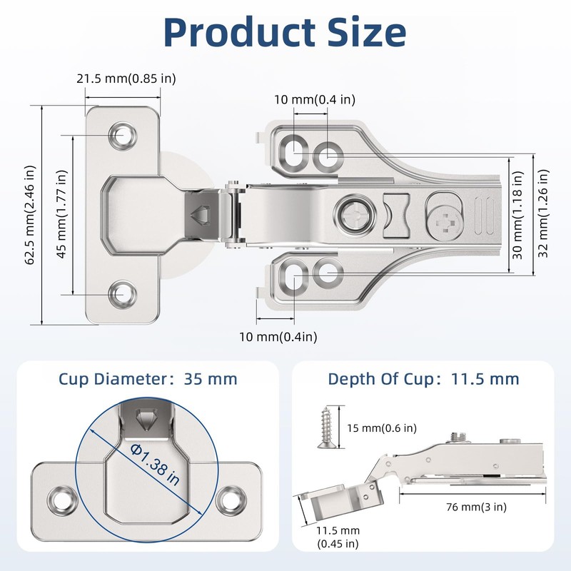 Chibery 4 Pack 3/4" Full Overlay Soft Close Concealed Hinge