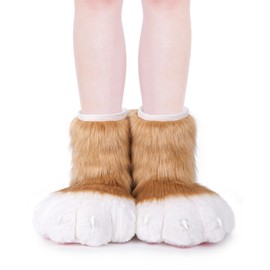 BNLIDES Cosplay Animal Cat Wolf Dog Fox Fursuit Feet Paw Claw Shoes Furry Boots Costume Accessories for Adult (Khaki White)