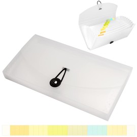 Oak-Pine 13 Pocket Receipt Folder/ Accordion File Organizer/ Plastic Check Bill File Folder/Expanding File Folder/ Expanding Coupon Organizer with Labels/ Document Organizer Folder (White Translucent)