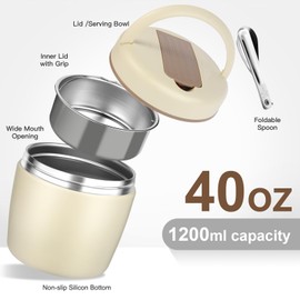 Godobo Thermos for Hot Food 40OZ, Vacuum Insulated Food Jar for Adults, Stainless Steel Soup Thermo Wide Mouth Leakproof Lunch Containers with Spoon for School Office…