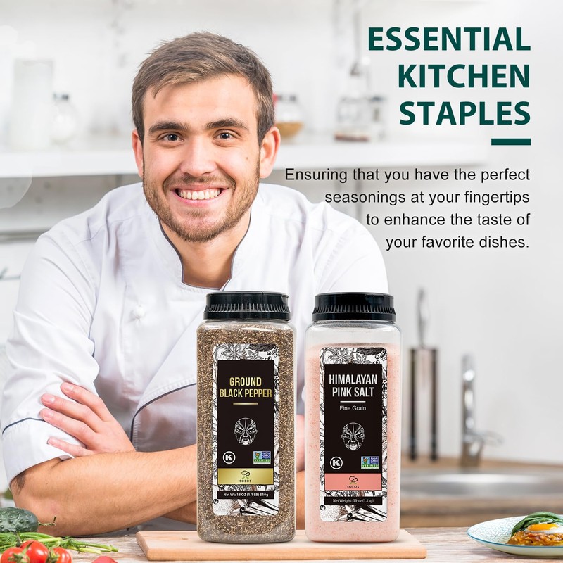 Soeos Himalayan Pink Salt Fine 39 oz + Ground Black