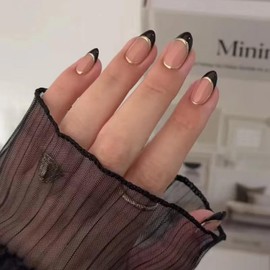 Black French Tip Press on Nails Short Almond Fake Nails Nude Glossy False Nail with Design Silver Line Glue on Nails Reusable Artificial Acrylic Full Cover Stick on Nail for Women Manicure 24Pcs