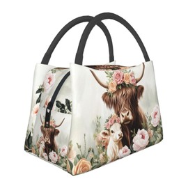 MIEPOS Highland Cow Lunch Box with Floral Farm Animal Pattern for Girls and Adults,Lightweight Handbag with Zipper Closure,Portable Cosmetic Bag for School,Work,Office, Travel and Picnic Gifts