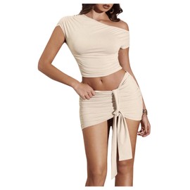 Milumia Women's 2 Piece Set One Shoulder Crop Top Tee and Ruched Going Out Mini Skirt Beige Small