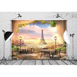 Loccor 9x6ft Fabric Eiffel Tower Backdrop Wooden Chair Desk Curtain Flowers Romantic Photography Background French Paris Tapestry Dinner Birthday Party Decorations Kids Lover Photo Studio Props