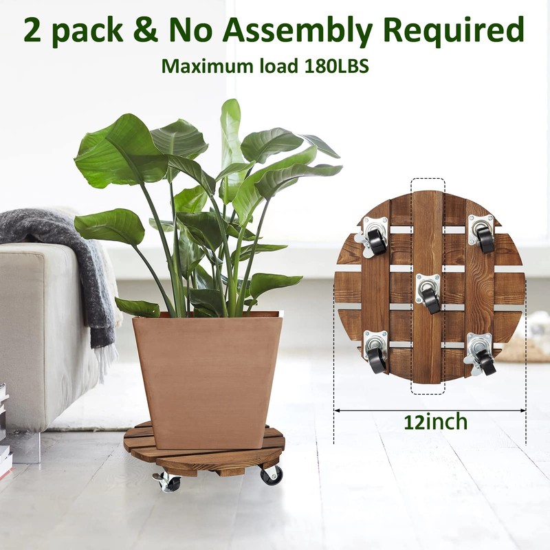 Yangbaga 2pack Plant Caddy 12’’Wood Duty Rolling Plant Stand with