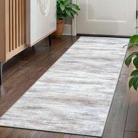 KOZYFLY Modern Abstract Kitchen Runner Rug, 2x5 Washable Rug Runner Non-Slip Soft Striped Hallway Runner Rugs, Beige Print Distressed Carpet Runner for Entryway Bathroom Laundry Room Foyer