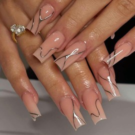 Vopintpy Nude Coffin Nails Silver Lines Fake Nails Extra Long Square Press on Nails Glossy Acrylic Glue on Nails Reusable Full Cover Stick on Nails for Women DIY Ballerina Manicure