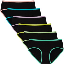 INNERSY Girls Cotton Underwear Teen Comfortable Panties Size 8-16 Briefs 6 Pack(14-16 Years, Black With Neon Hem)