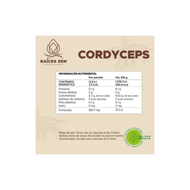 Cordyceps Suplemento 150 Cápsulas Raíces Zen Premium Sin Sabor