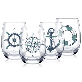 Dudjotc 4 PCS Nautical Stemless Wine Glasses with Keychain,Gift for Boater,17 OZ Beach Glasses Anchor Compass Helm Life Ring Coastal Gift for Birthday,Party,Pool,Fathers Day,Dishwasher Safe