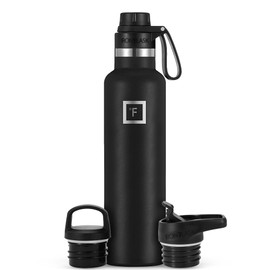 IRON °FLASK Sports Water Bottle with Narrow Mouth - 24 Oz, 3 Lids (Spout Lid), Vacuum Insulated Stainless Steel, Hot, Cold, Modern Double Walled Black
