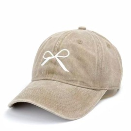 Nymmoata Cute Bow-Tie Baseball Caps : Washed Cotton Distressed Baseball Cap Twill for Women Men - Trendy Embroidered Trucker Visor Hat - Adjustable Dad Hat (Khaki)