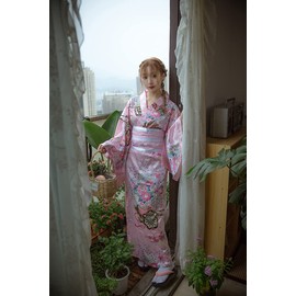 Japanese Anime Women's Long Kimono Robe Fancy Dress Hand Held Silk Folding Fans Tabi Socks OBI Belt Set Pink Plus Size