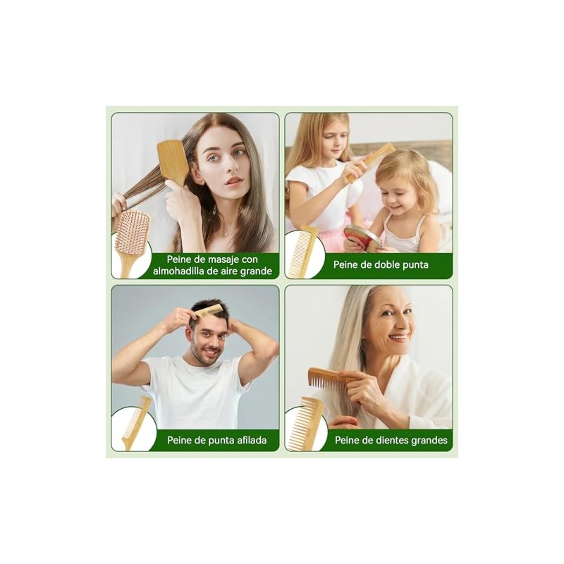 6pcs Peines de Madera Bambu, Cepillos para Cabello de Almohadilla