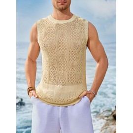 Runcati Mens Sleeveless Crewneck Tank Top Casual Mesh Hollow Out Cotton Knit Summer Beach T Shirt Beige