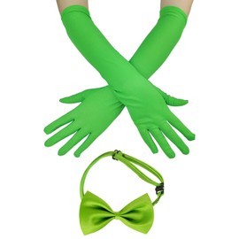 UDNFHL 1 Pair Green Long Gloves, 1 Piece Bow Tie, Neon Fashion Gloves, Adjustable Bow Tie, Party Clothing Accessories, Green