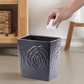 Black Ceramic Rose Small Bathroom Trash Can 2.5 Gal (9 Liter), Heavy Small Kitchen Garbage Bin, Living Room Bedroom Corner Trash Can, Decorative Wastebasket for Outdoor Garden, Home Office,Hotel Motel