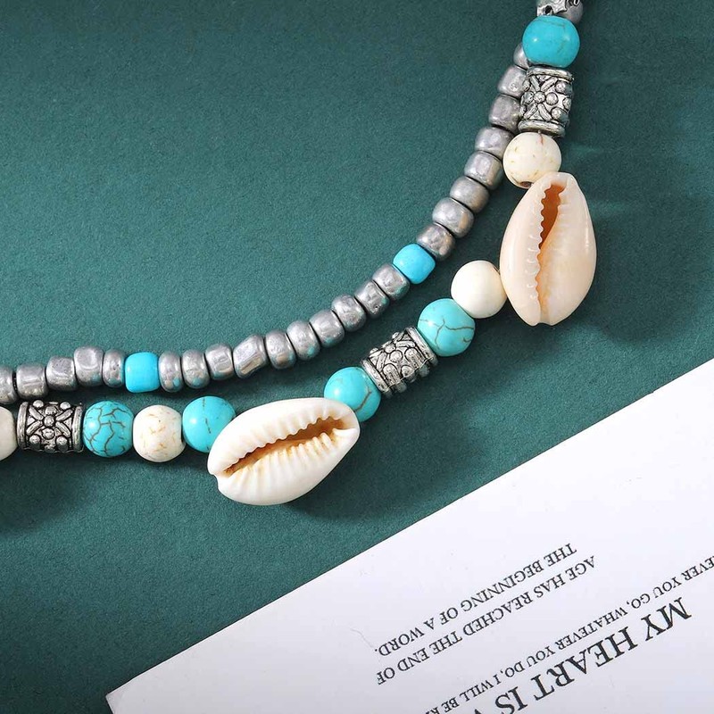 Chaioe Boho Double Beads Anklet Turtle Ankle Bracelets Shell Foot