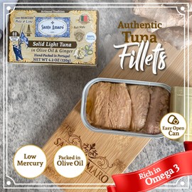 Santo Amaro - Artisanal Wild Tuna Fillets in Olive Oil & Ginger, Pole & Line Wild Caught Tuna from Portugal, Hand-Packed Bali-Style Canned Tuna Fish, 22g Protein, Paleo, Keto, Low Mercury, Pack of 6