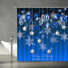 ASVEAS Merry Christmas Shower Curtain Blue Silver Xmas Balls Winter Snowflake Happy New Year Holiday Fabric Bathroom Decor Set with Hooks (70" Wx70 H)